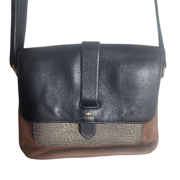 Fossil Kinley Small Foldover Leather Crossbody Bag Black Brown Animal Print - Picture 1 of 12